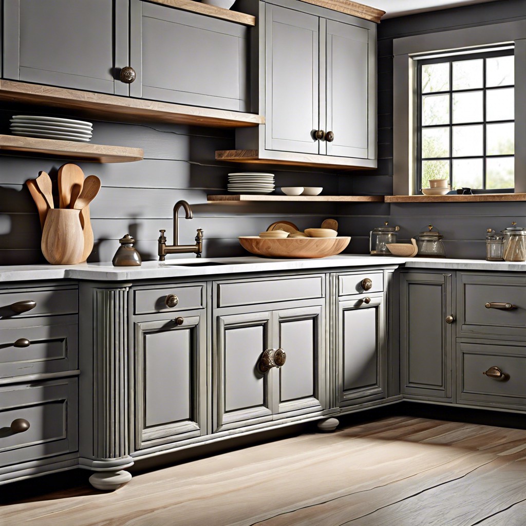 weathered grey cabinets with vintage knobs