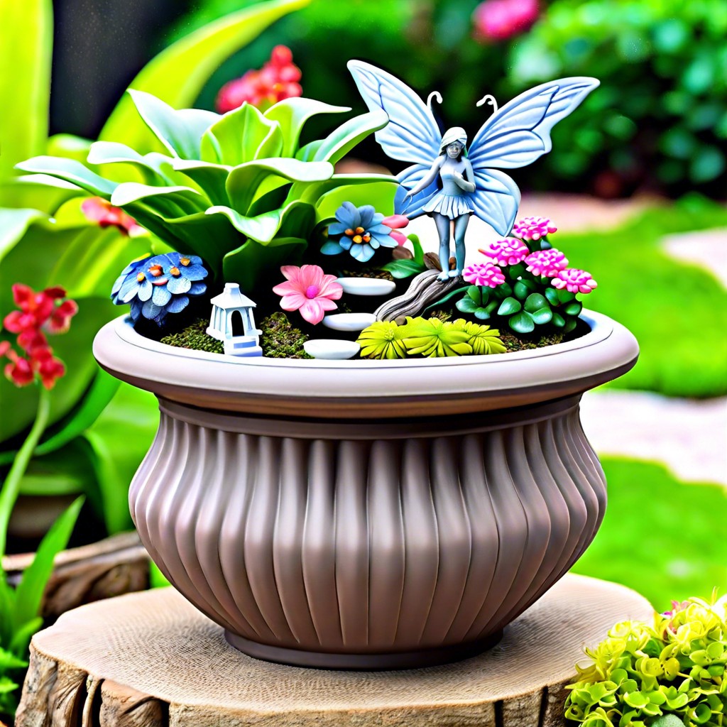whimsical fluted planter paired with fairy garden elements
