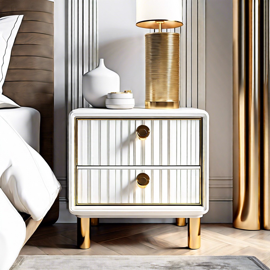 white fluted bedside table with golden accents