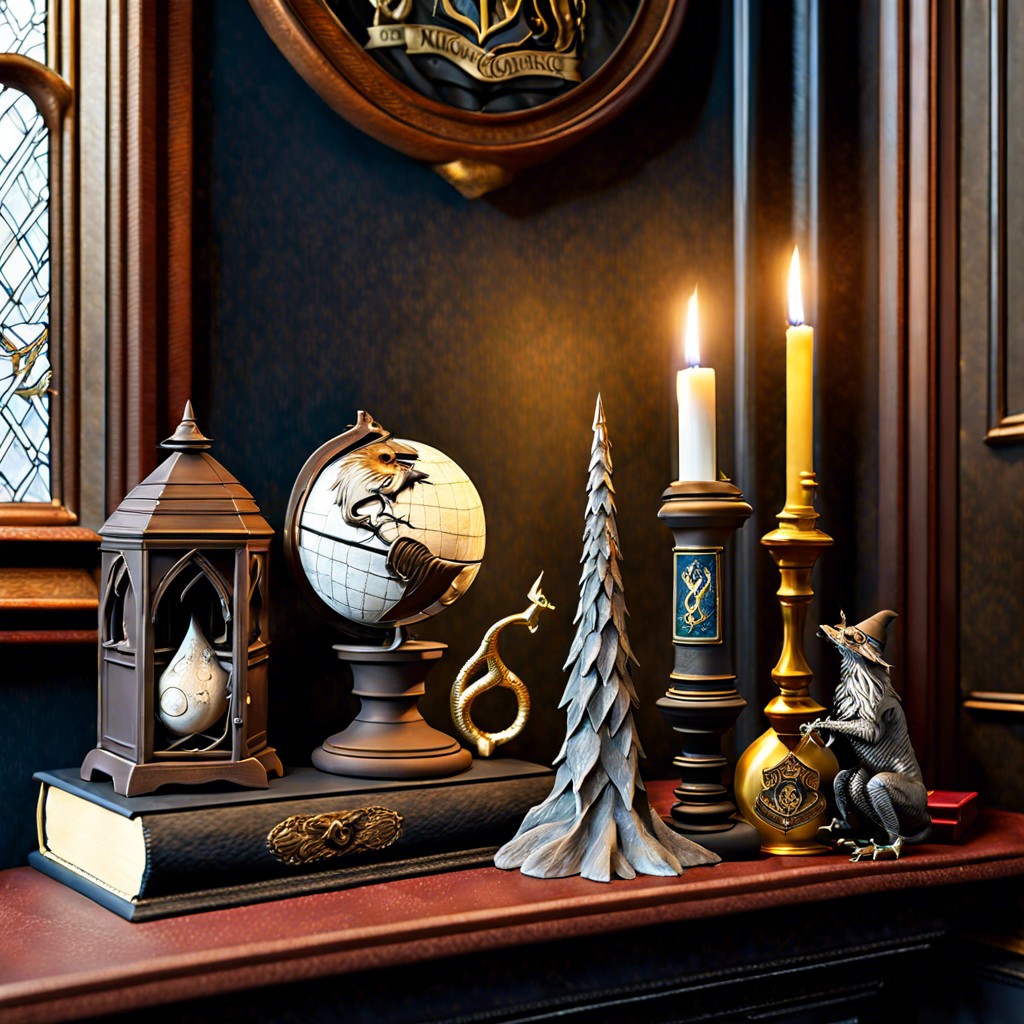 wizarding world mantel decor feature various magical artifacts