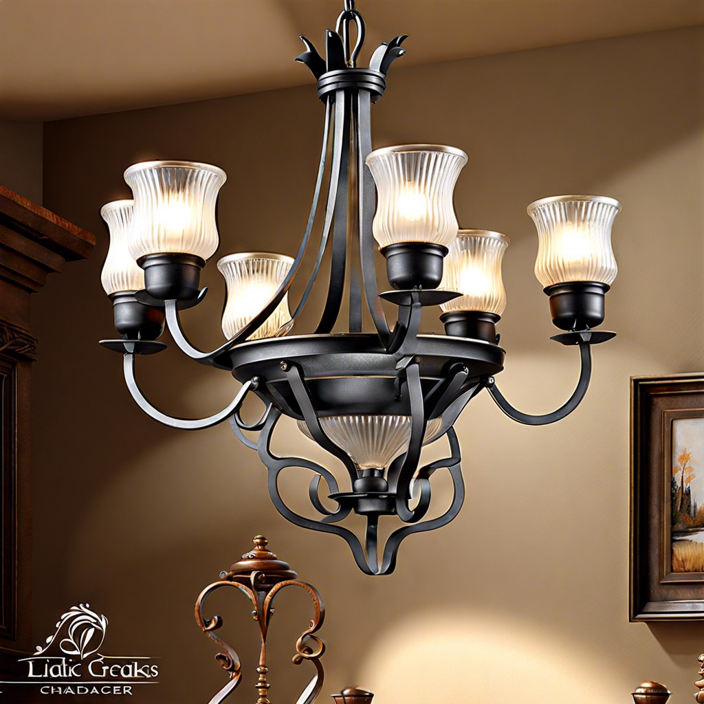 wrought iron and fluted glass chandelier