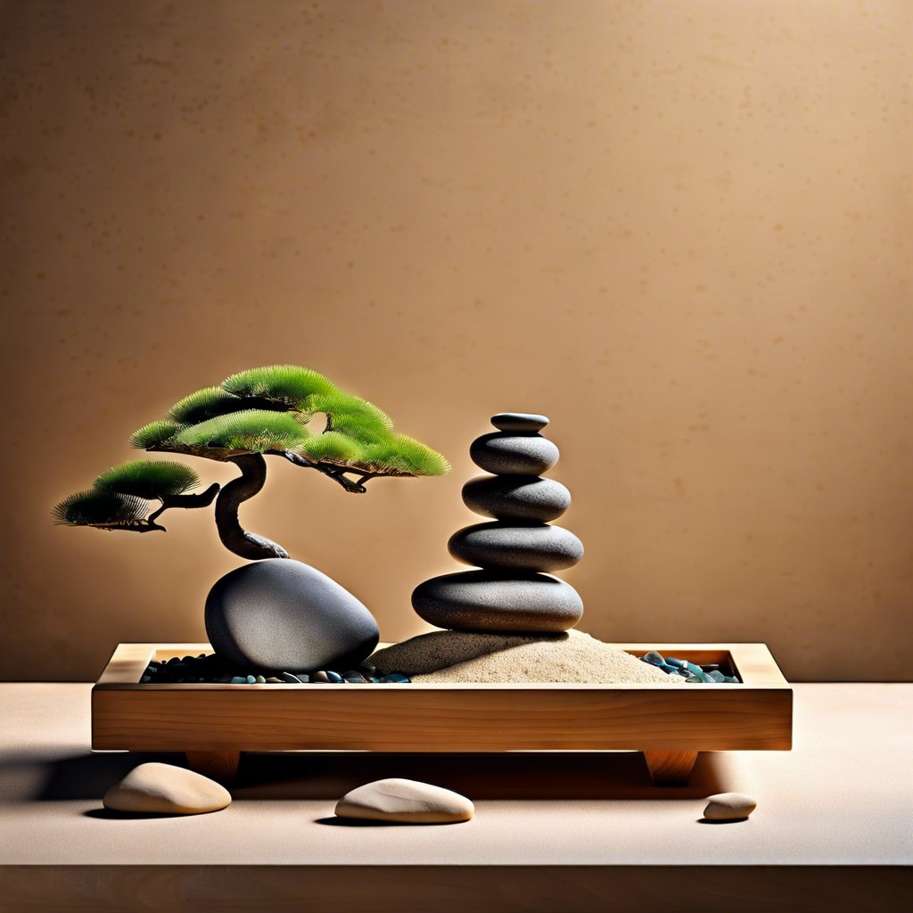 zen zone place a minimalist array of zen garden elements like stones and sand trays