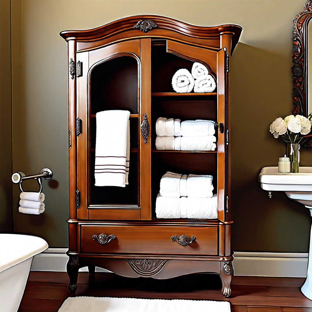 antique armoire repurposed for towels