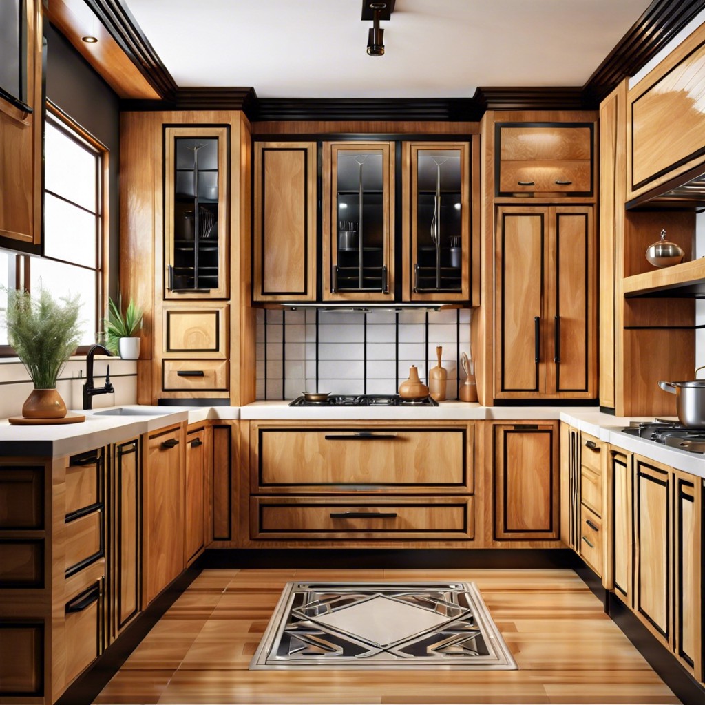 art deco glamour polished wood cabinets with geometric details