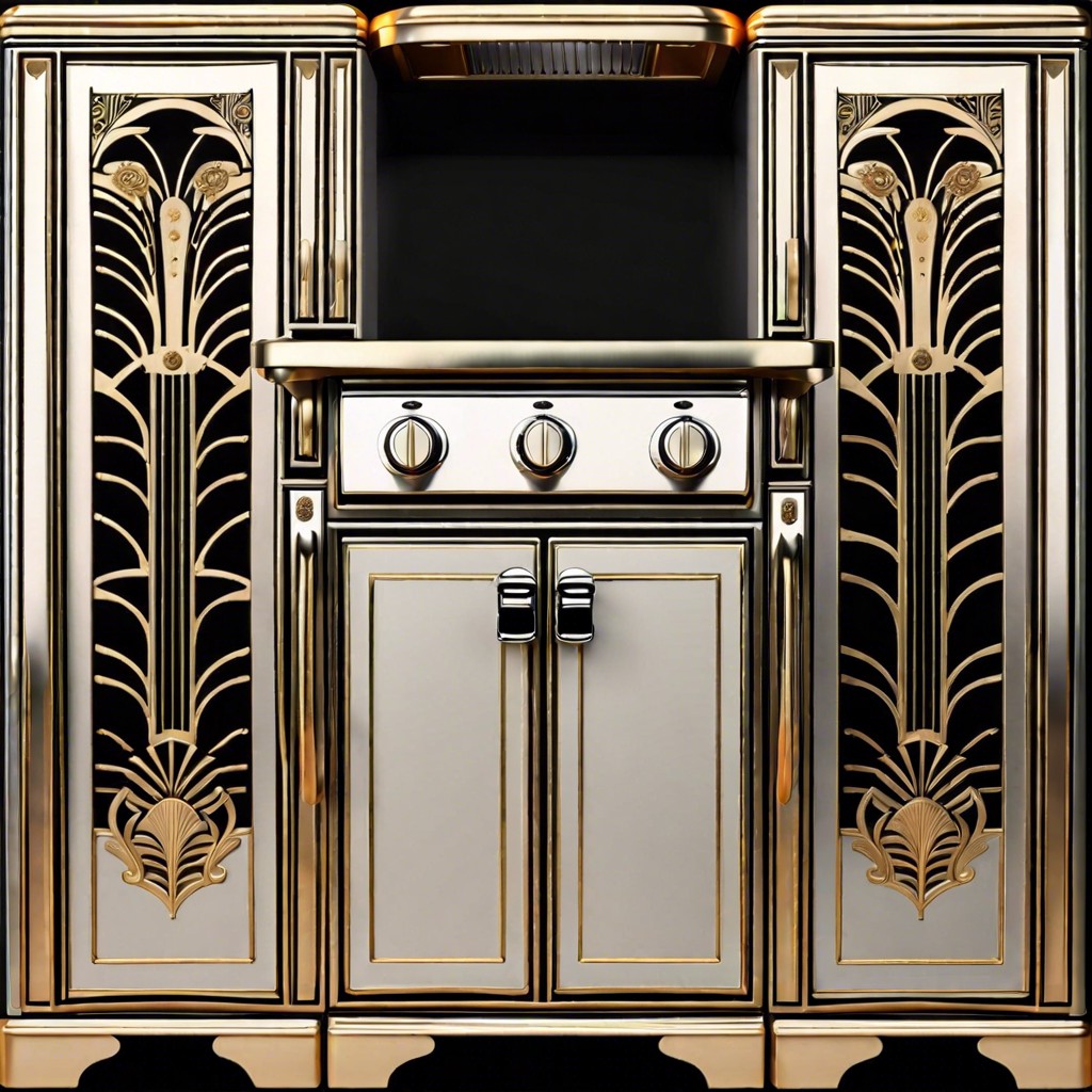 art deco inspired cabinet with ornate design elements for double ovens