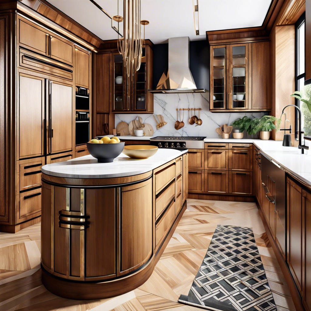 art deco sophistication with geometric lines and rich wood tones