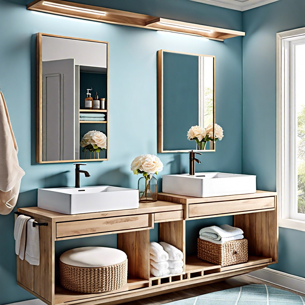 baby blue double sink vanity with open shelving