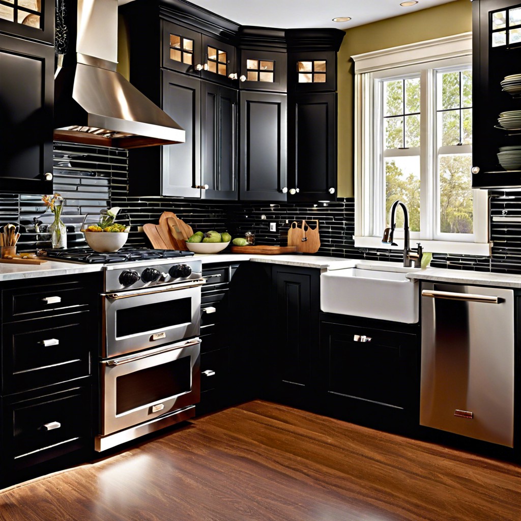 black beadboard cabinets with black ceramic knobs