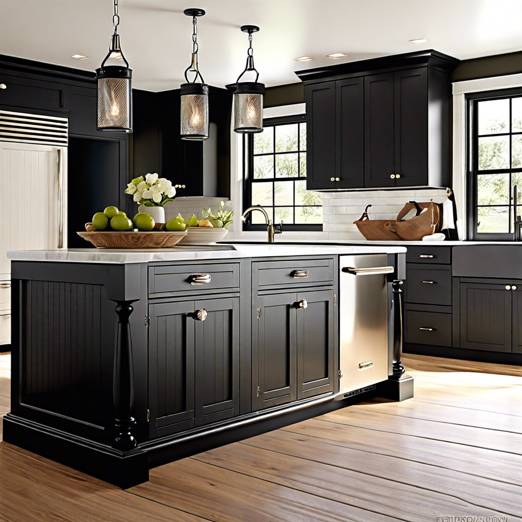 black beadboard cabinets with black vintage cup pulls