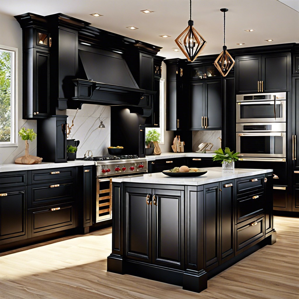 black cabinets paired with black rope handles