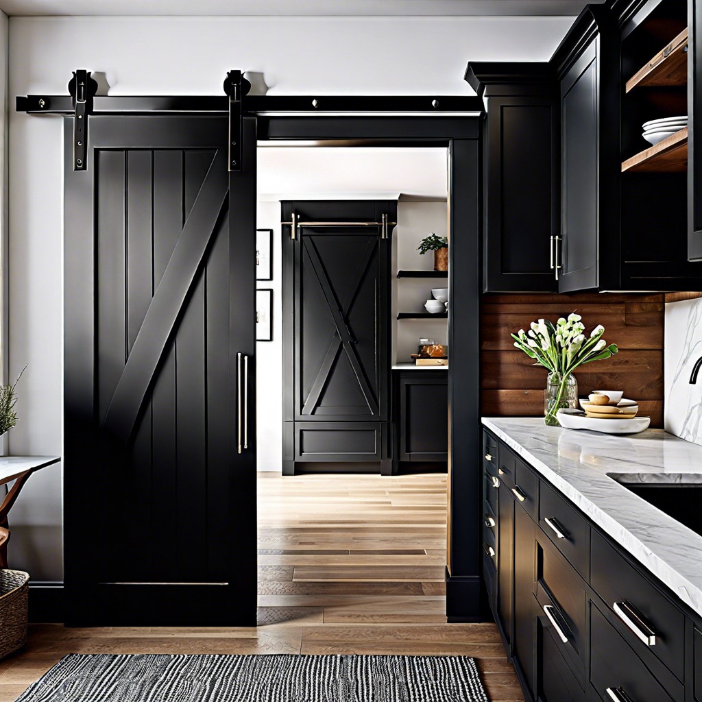 black cabinets with black barn door style sliding hardware