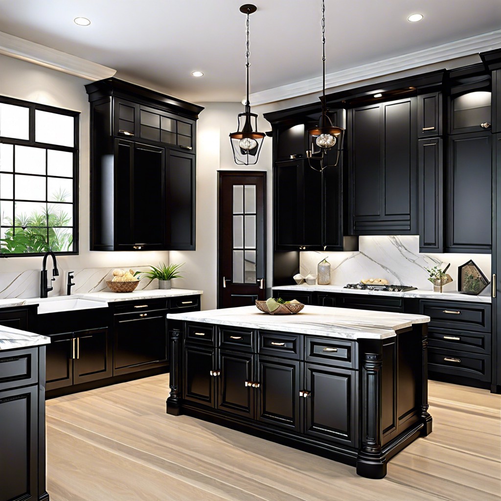 black cabinets with black marble insets and black handles