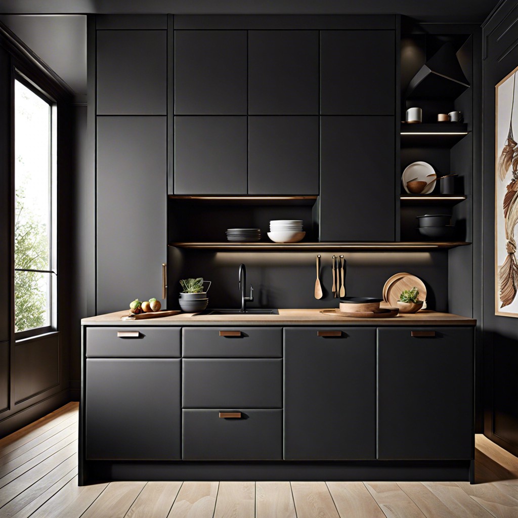 black cabinets with black matte leather handles