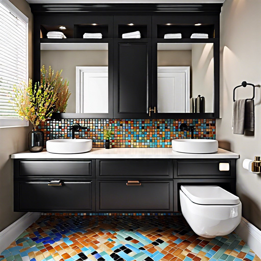 black cabinets with colorful mosaic backsplash