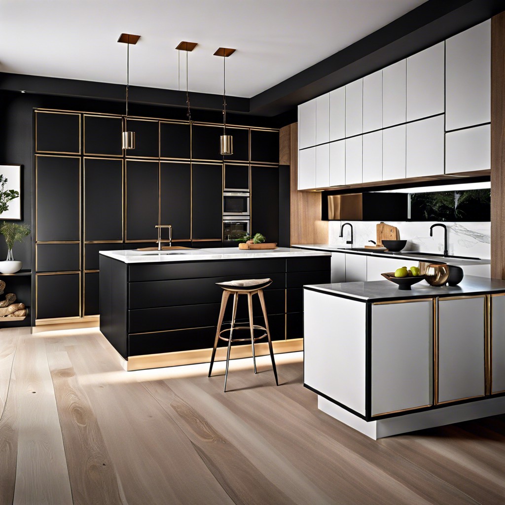 black cabinets with geometric black hardware designs