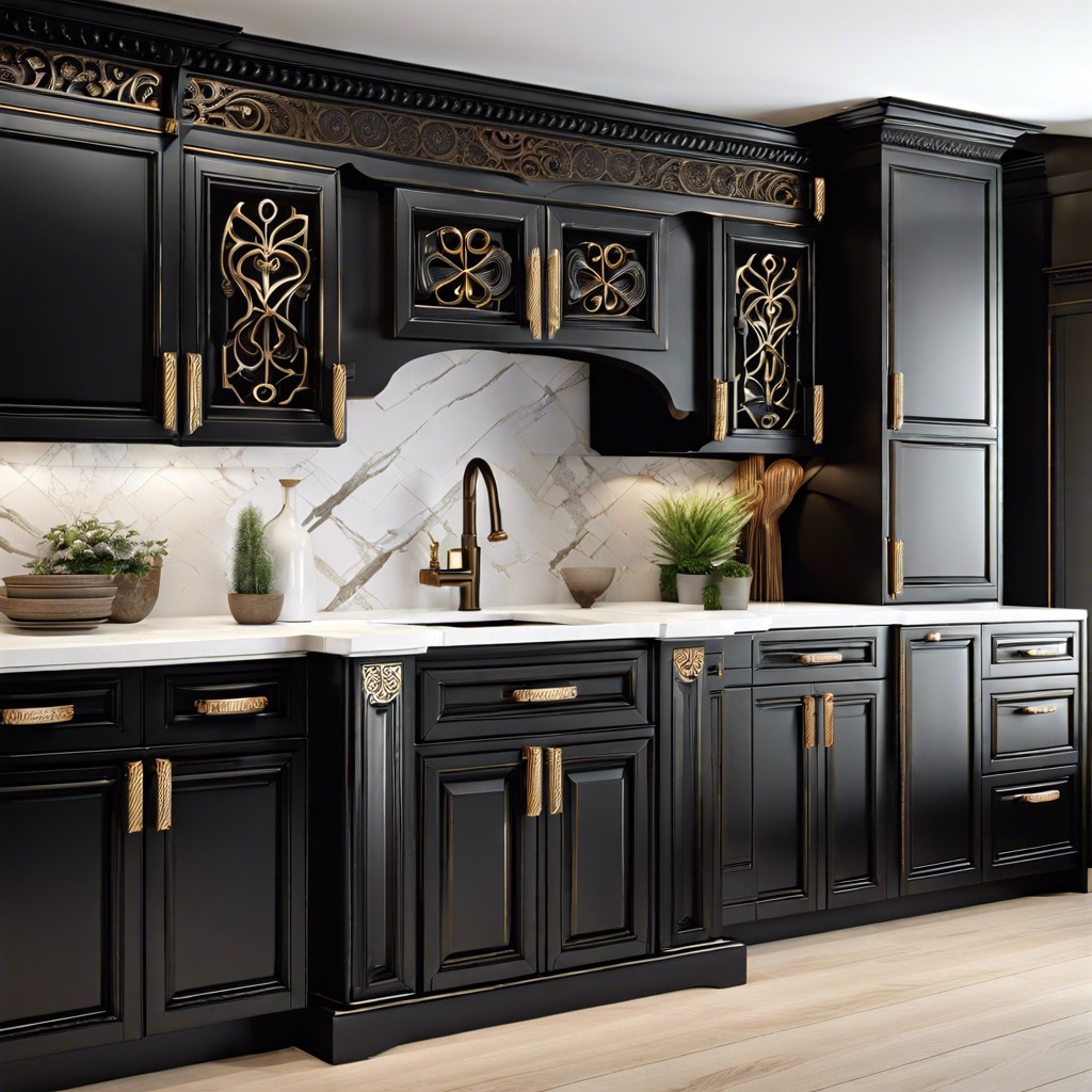 black cabinets with intricate black filigree handles