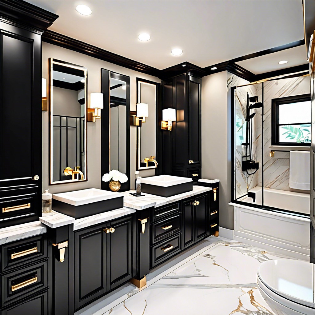 black cabinets with marble countertop