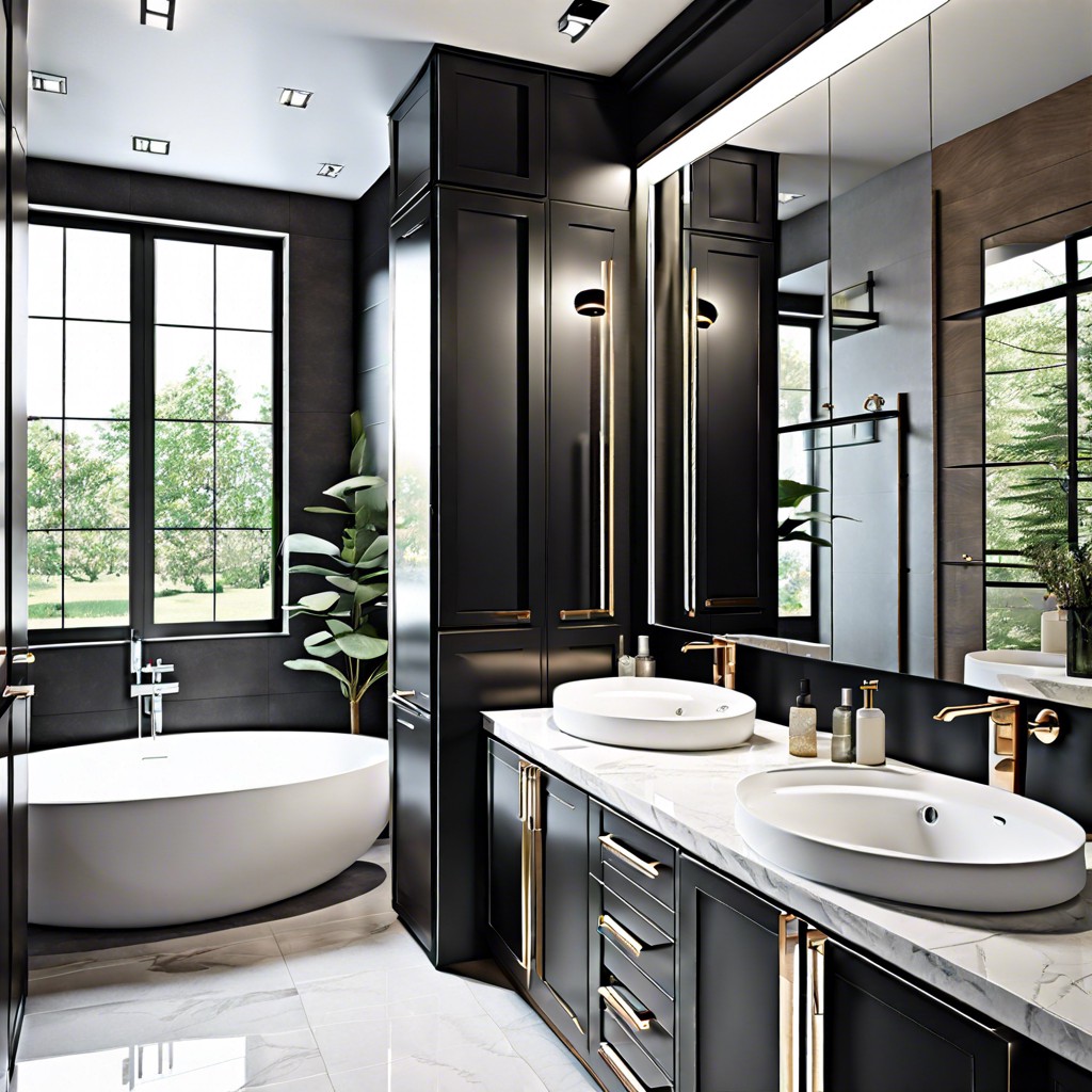 black cabinets with mirrored doors