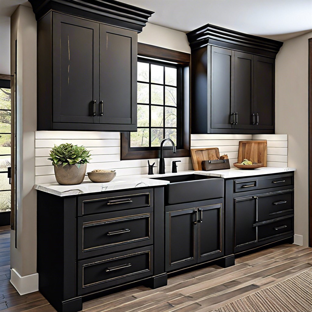 black distressed wood cabinets with matte black bar pulls