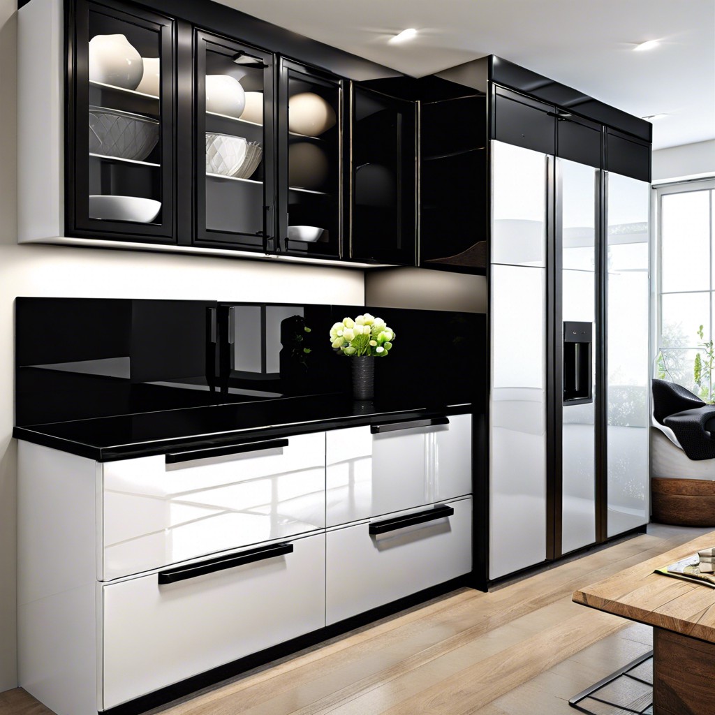 black glass front cabinets with black steel handles