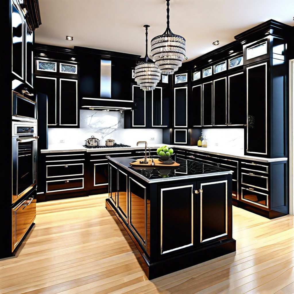 black lacquered cabinets with black crystal knobs
