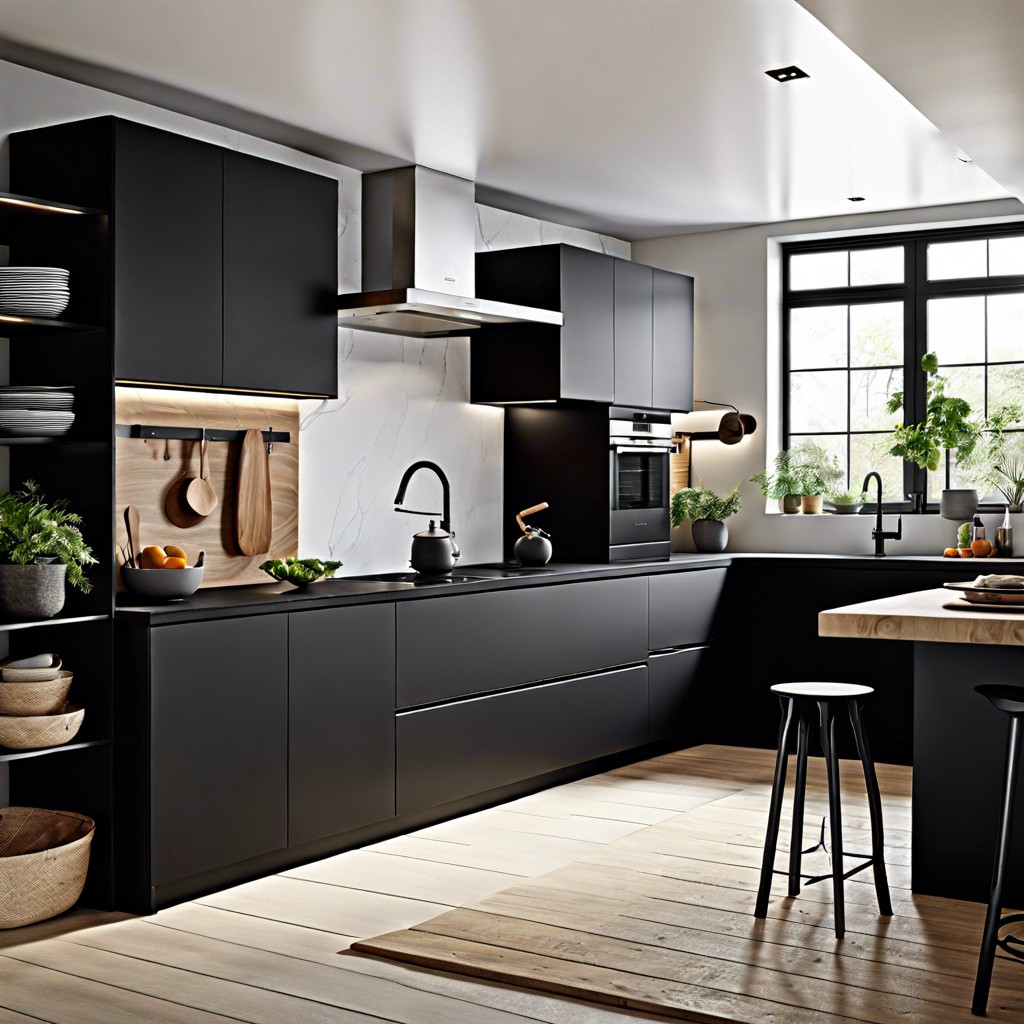 black slab cabinets with black integrated handles