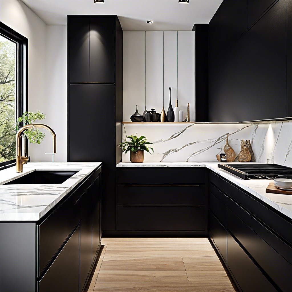 black slab cabinets with modern black finger pulls