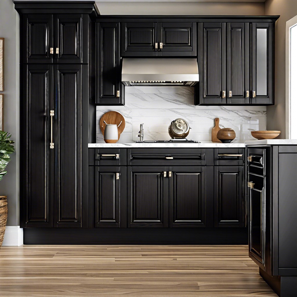 black woodgrain texture cabinets with black glass knobs