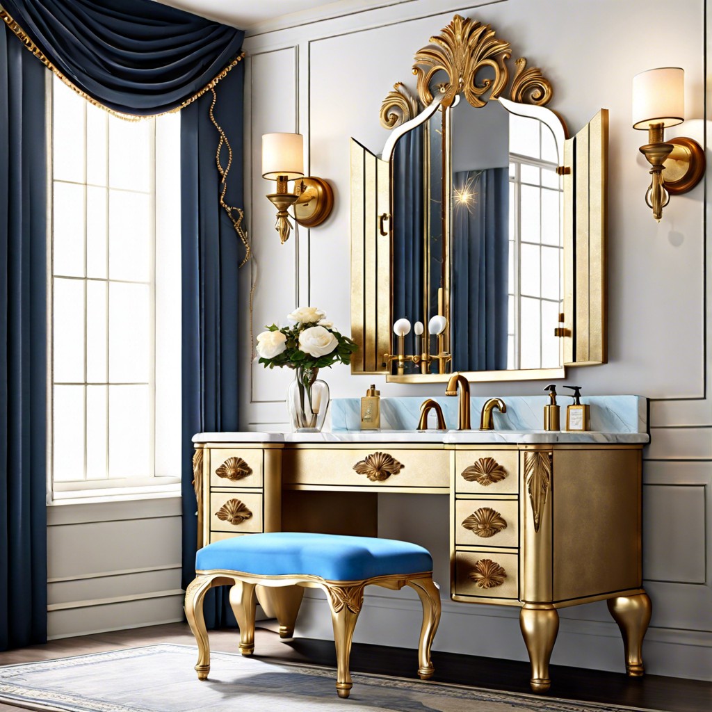 blue and gold leaf accents on a vintage vanity