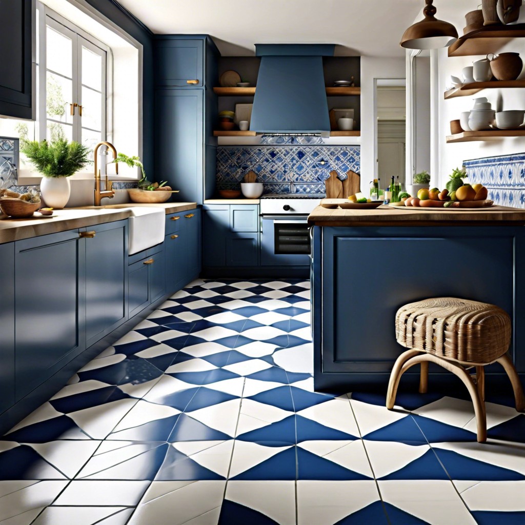 blue and white patterned tile floor