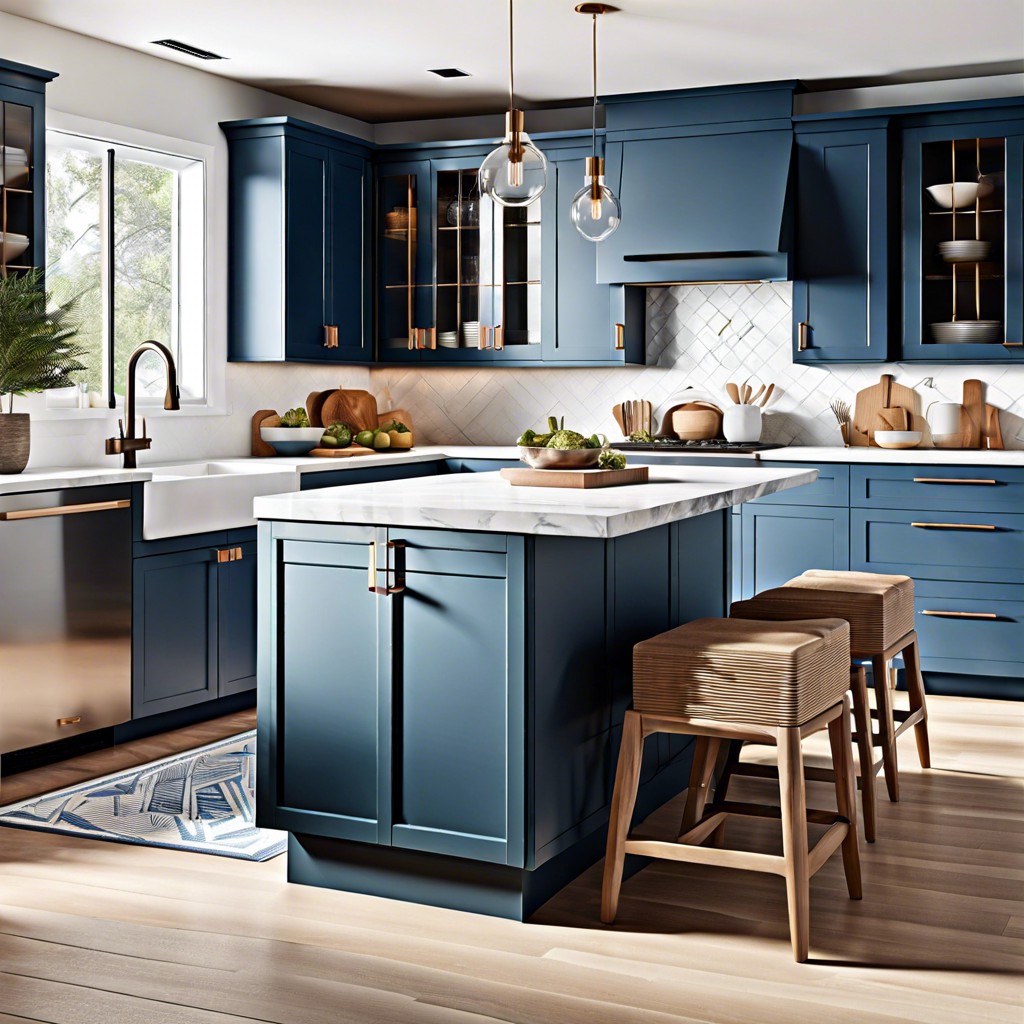 blue cabinetry with white hardware