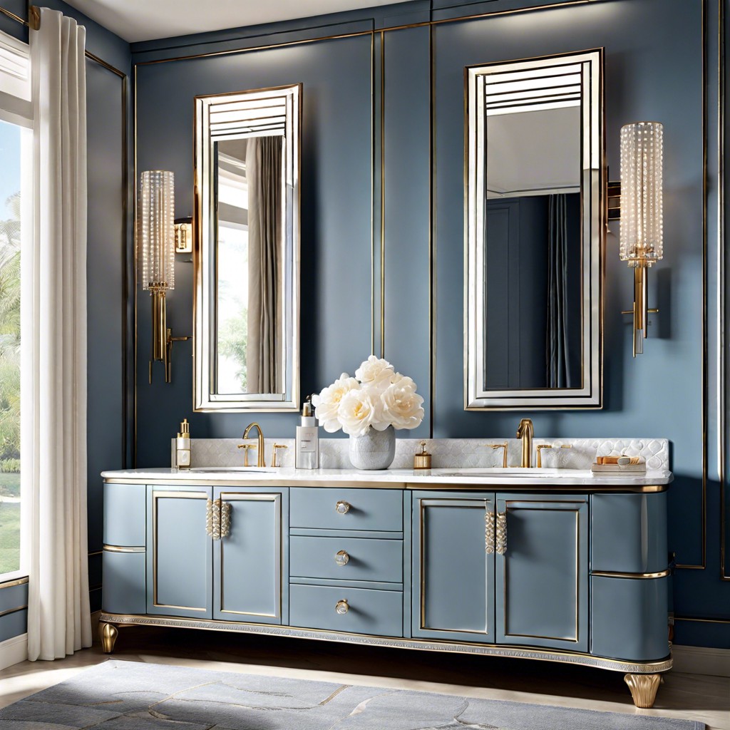 blue gray pedestal vanity with pearl accents