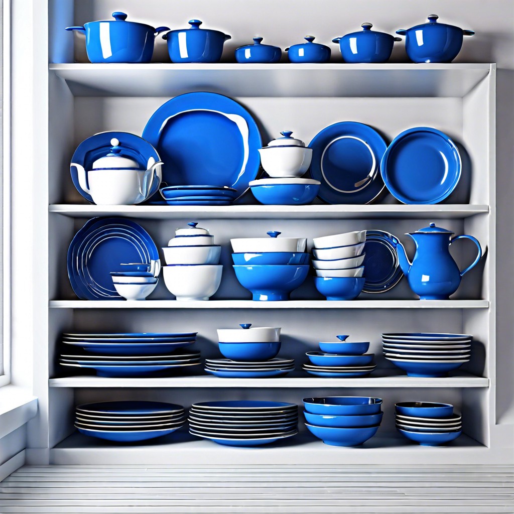 blue kitchenware displayed on white shelves