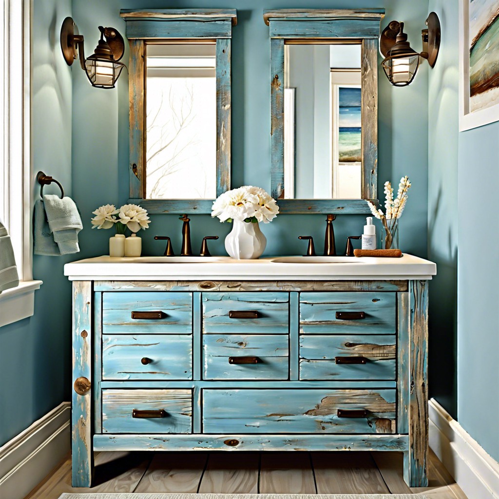 blue weathered wood vanity for coastal theme