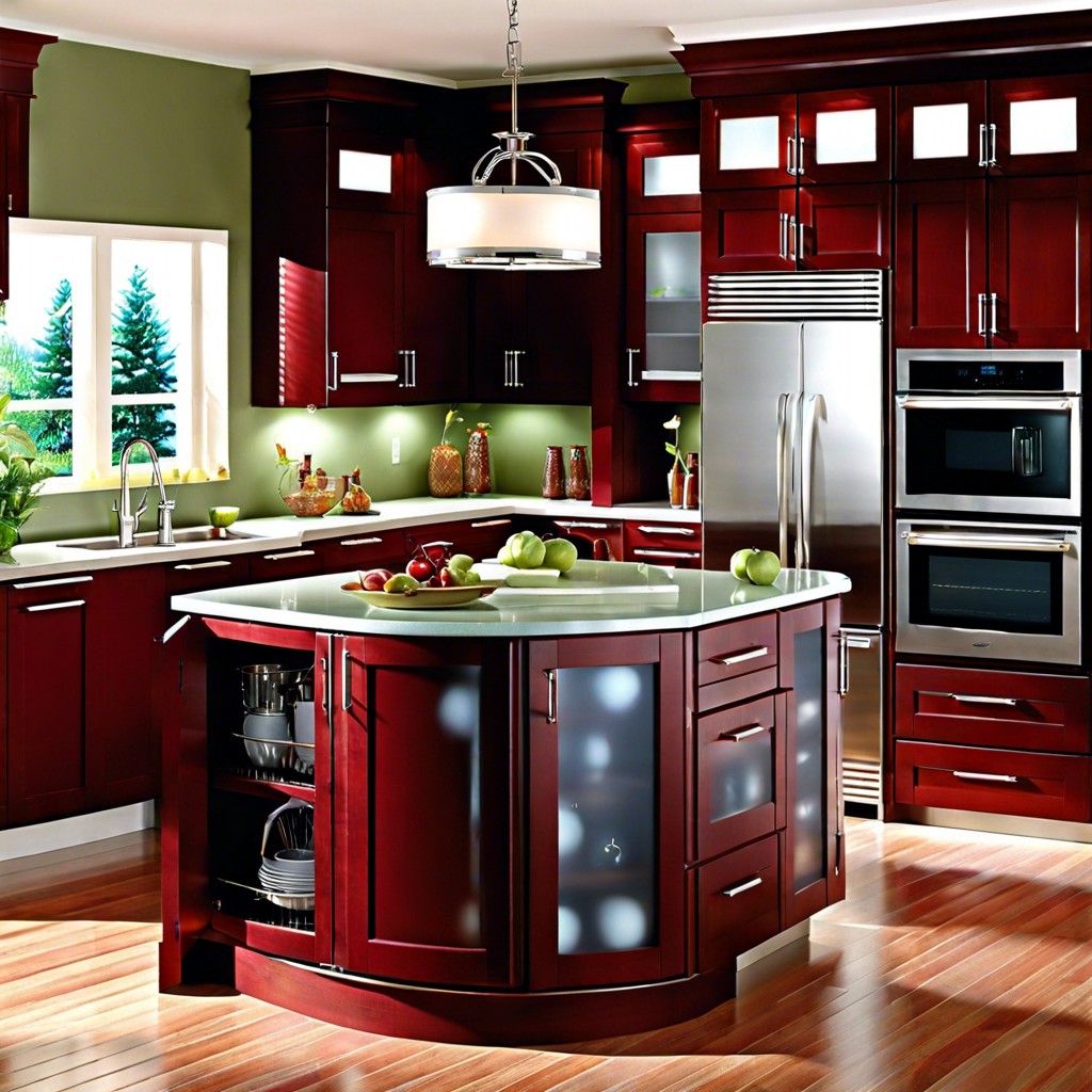 bright and airy cherry cabinets with frosted glass doors light countertops and open shelving