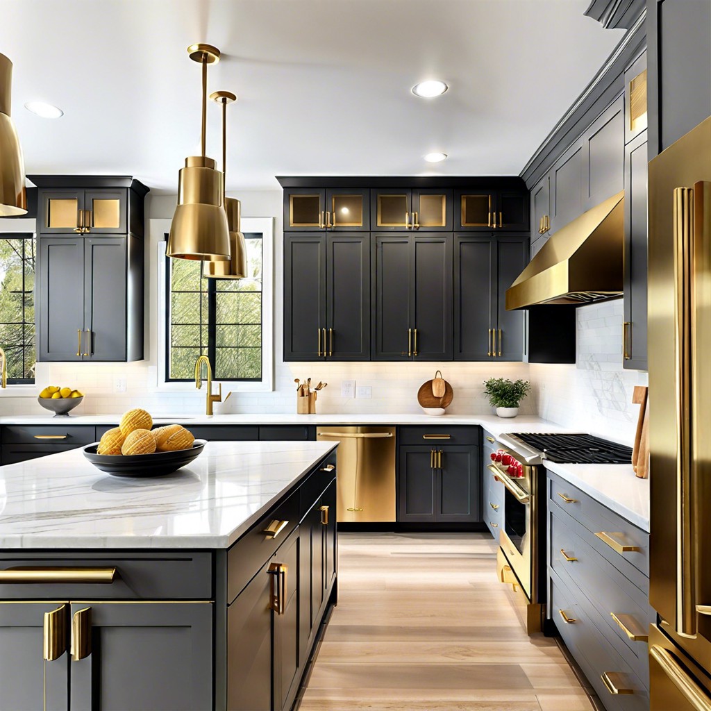 charcoal gray shaker cabinets with brass hardware