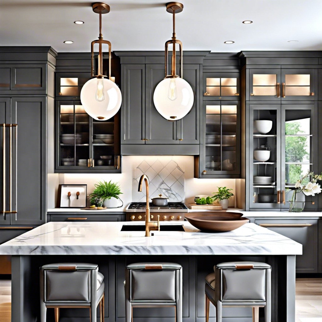 chic kitchen with gray cabinets featuring glass front panels