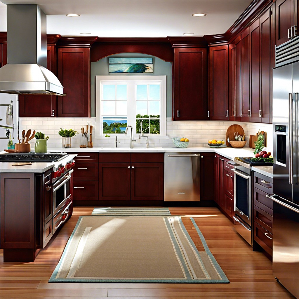 coastal cool light cherry wood cabinets with sea glass tile backsplash and sandy granite counters