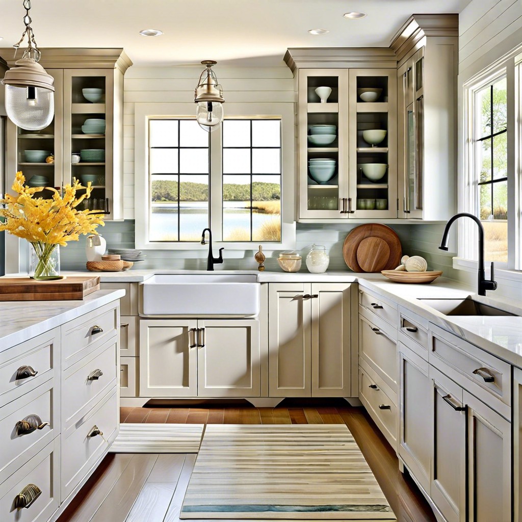 coastal cool whitewashed wood cabinets with glass knobs