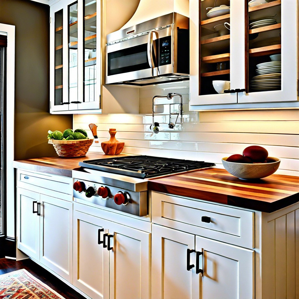 coastal vibe bright white cabinets with a butcher block counter in teak