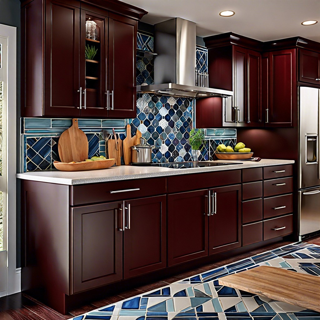 contemporary contrast dark cherry cabinets against a bold geometric tile backsplash