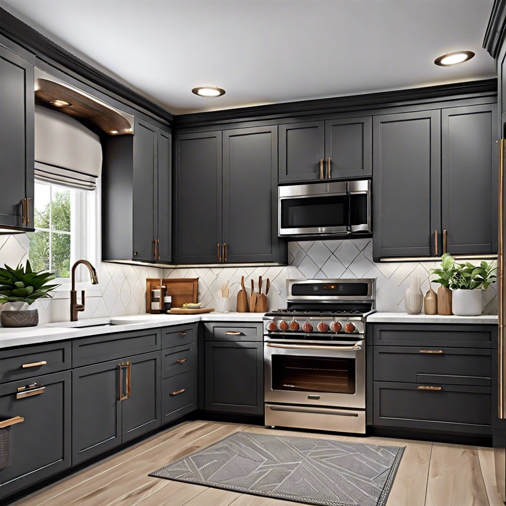 contemporary kitchen with dark gray cabinets and a bold geometric tile backsplash