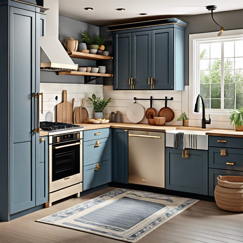 cozy kitchen with gray blue cabinets and cream colored countertops
