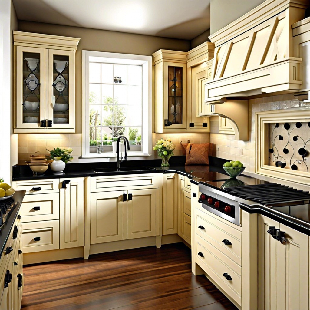 cream cabinets with black handles