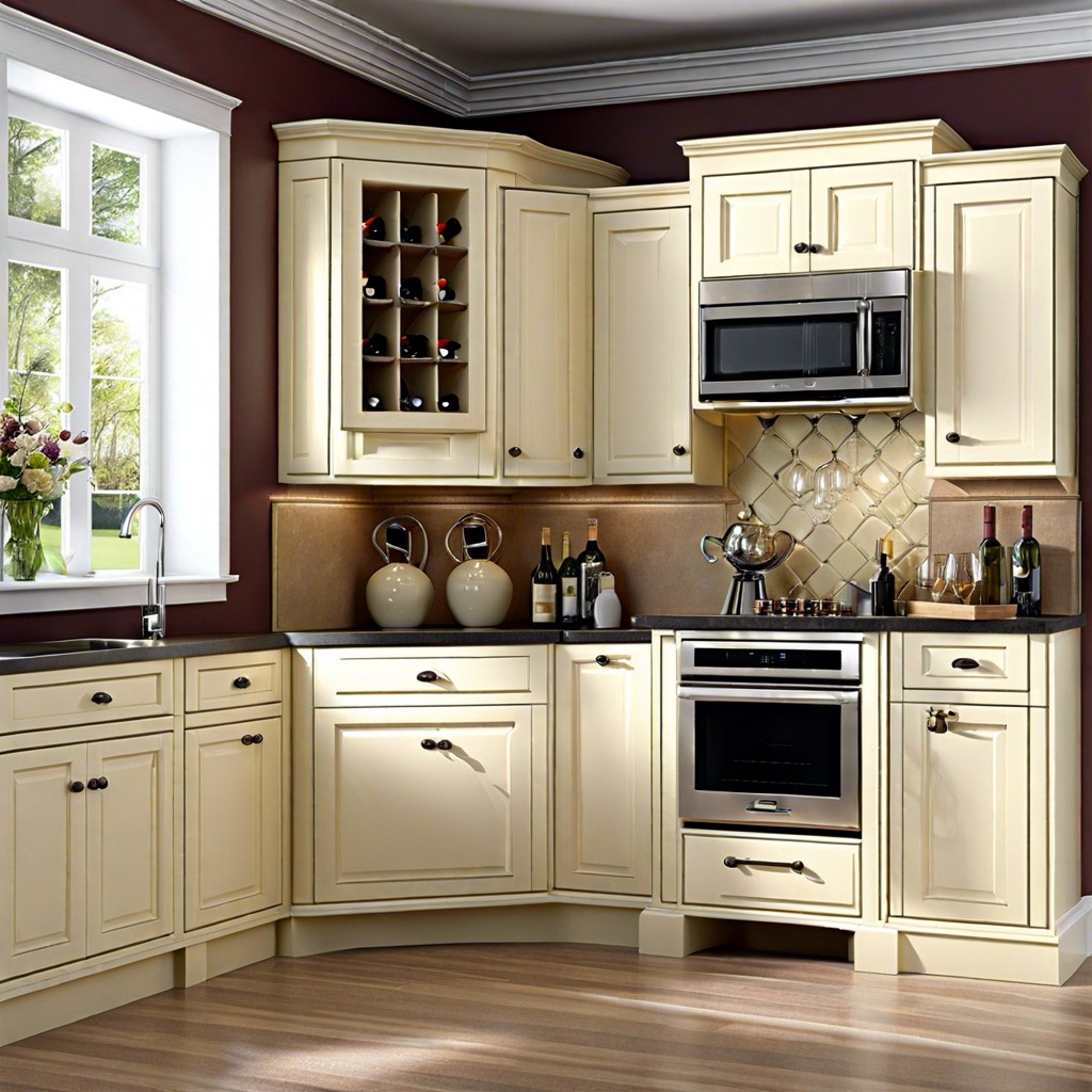 cream cabinets with built in wine rack