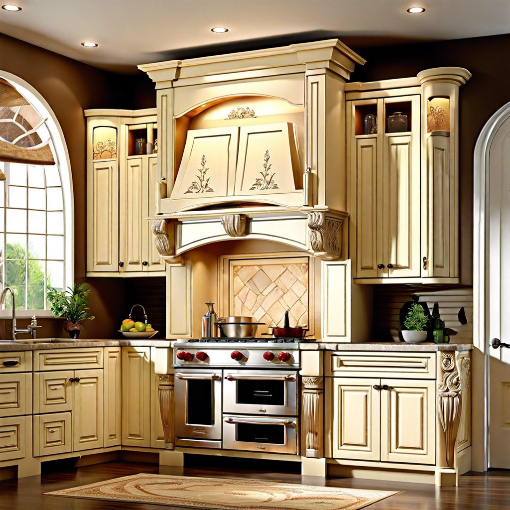 cream cabinets with decorative corbels