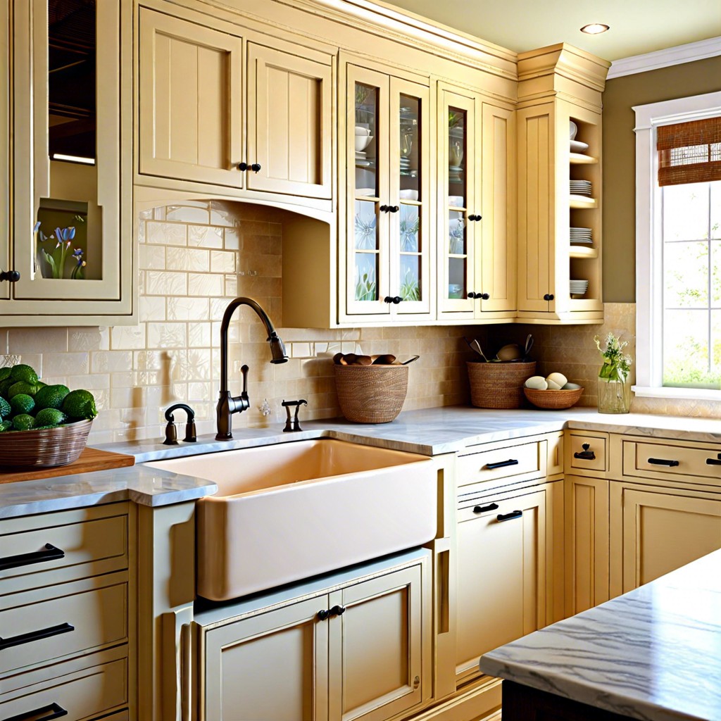 cream cabinets with farmhouse sink