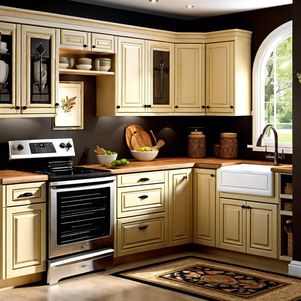 cream cabinets with wooden countertops