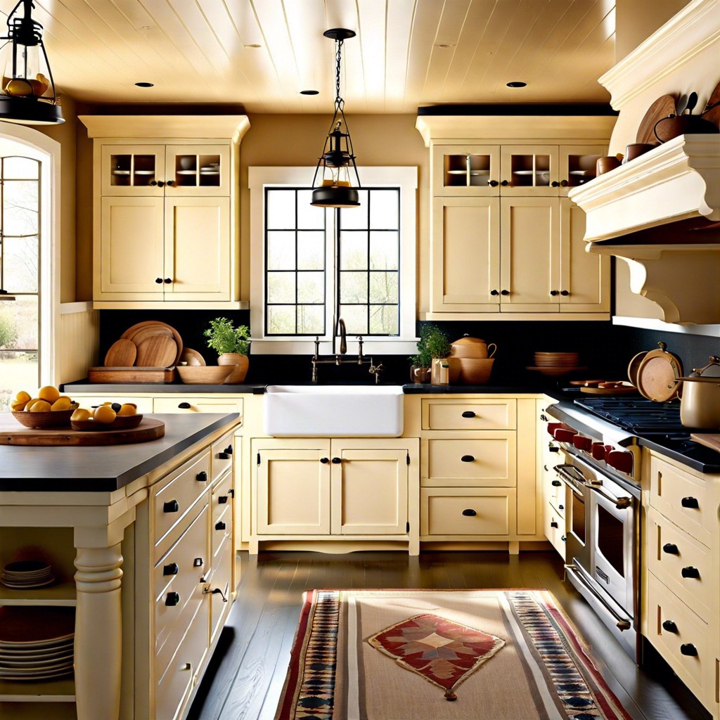 cream colored cabinets with exposed hinges and rustic knobs