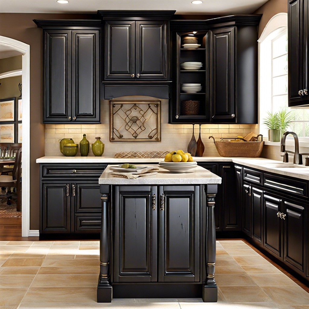 distressed black cabinets with wrought iron black pulls